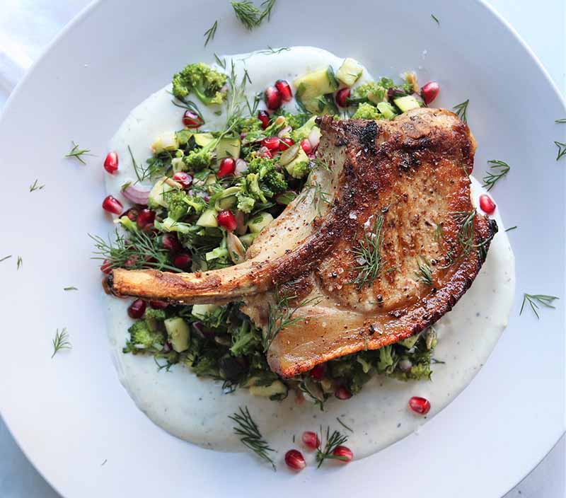 Grilled pork Chop with Broccoli Tabouli and Yogurt